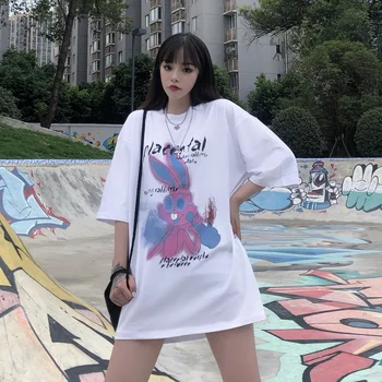 Harajuku Stilius trumparankoviai marškinėliai Grafiti Klaidingą Triušis Spausdinti Moterys T-shirt Prarasti Atsitiktinis Studentų Vasaros Viršūnes