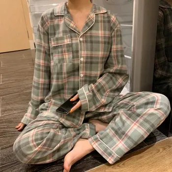 Ins pyjama moterų korėjos derliaus pižama moterų atsitiktinis pledas sleepwear nustatyti ilgomis rankovėmis kelnės namų kostiumas naujas moterų pijamas