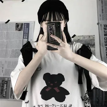 Japonija Pilkos spalvos Marškinėlius Streetwear Prarasti Vasaros Marškinėliai Moterims Harajuku Punk Trumpas Rankovėmis marškinėliai Topai Tee Hip-Hop Laisvus Marškinėlius Mergaitės