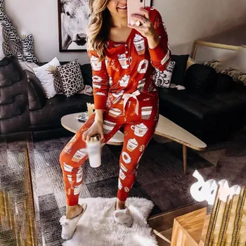 Kalėdų Animacinių Filmų Spausdinti Moterų Homewear Pižama Nustatyti Elastinga Juosmens Lankas Slim Moterų Pajama 2020 M. Rudenį Atsitiktinis Ponios Sleepwear
