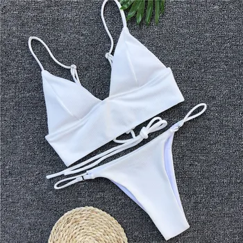 Kietojo Bikini Brazilijos Baltas Tvarstis Strappy Nėrinių Maudymosi Kostiumėlį Sexy Thong Apynasrio Push Up Plaukimo Kostiumas Moterims
