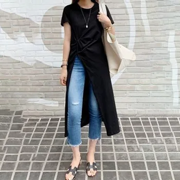 Korėjos Japonija Slim Fit Classic Baltas Juodas Ilgas marškinėliai Prašmatnus Dizainas Pusėje Ritininės Moterys Vasarą trumpomis Rankovėmis Viršūnes Tees Atsitiktinis Marškinėliai