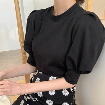 Korėjos Stiliaus, Elegantiškos Moterys 2vnt Nustatyti, Elegantiškas Juodas/Baltas Trumpas Sluoksniuotos Rankovėmis O-kaklo Mezgimo marškinėliai + Daisy Gėlių Undinė Midi Sijonas Naujas