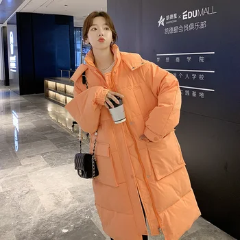 Korėjos versija prarasti kamšalu kailio striukė su didelėmis kišenėmis žiemos nauji ilgi žemyn kamšalu parkas moterų paltas su gobtuvu