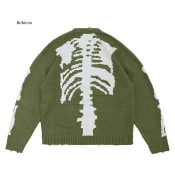 Laisvas Skeleto Kaulų Spausdinimo Megztinis Vyrams Moteris Aukštos Kokybės Crewneck Vintage Žalia Susagstomi Megztiniai