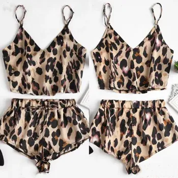 Leopard Sleepwear rinkinys Sexy Satin Pajama Nustatyti Lace V-Neck Pižamos Rankovių Mielas Cami Viršų ir Šortai, Seksualus apatinis Trikotažas Homewear J50
