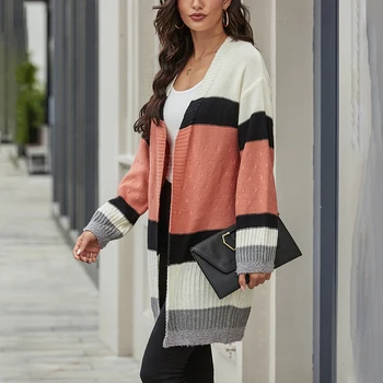 Mados Cardigan Megztiniai Moterų 2020 M. Rudenį Mezgimo Colorblock Kratinys Šiltas Ilgas Megztinis Kailis Streetwear
