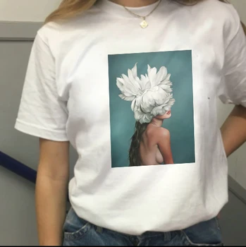 Mados Moterų T Shirts Harajuku Estetinės Plunksnų Gėlių Spausdinimo T-shirt O Kaklas Trumpas Rankovės Marškinėliai, Laisvalaikio Drabužiai Moterims