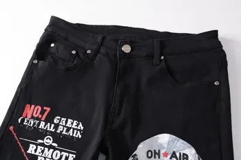Mados Streetwear Stilingas Ruožas Jeans Mens Ranka-dažytos Splash Rašalo 3D Skaitmeninis Atspausdintas Mažylis Galvos Džinsai Vyrams, Džinsai Slim Kelnės