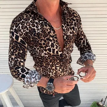 Mados vyriški Prabangūs ilgomis Rankovėmis Leopardas Spausdinti Turn-žemyn Apykaklės Marškinėliai Atsitiktinis Stilingas Slim Fit Marškinėliai Topai