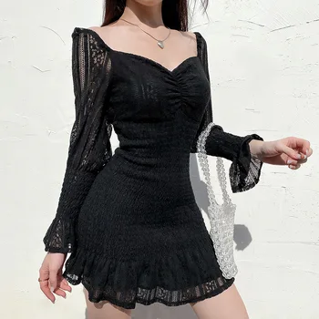 Moteris suknelė juoda akių perspektyvos seksuali suknelė ruduo ilgas rankovėmis aikštėje apykaklės raukiniai mini suknelė kobieta sukienka