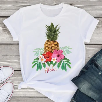 Moterų Grafinis Trumpas Rankovės Ananasų Meilės Vaisių 90-ųjų Vasaros Paplūdimio Lady Moteriški Drabužiai Viršūnės T-Shirt Marškinėliai Tees Moterų Marškinėliai