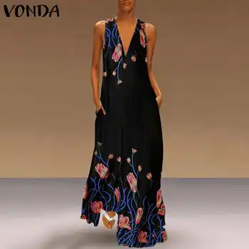 Moterų Maxi Ilga Suknelė 2021 VONDA Elegantiškas Suknelės, Plius Dydis Bohemijos Šalies Vestidos Femme Sexy V Kaklo, Rankovių Sundress S-5XL