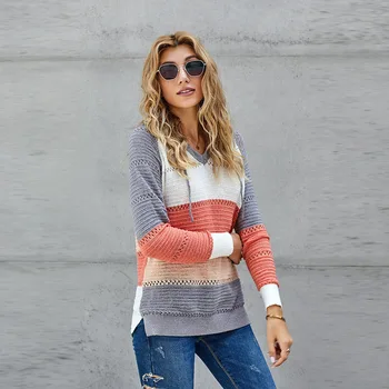 Moterų megzti gobtuvu megztinis visas rungtynes, išorinis dėvėti susiuvimo spalvos ilgomis rankovėmis megztiniai viršų žiemos suknelės moterims 2020 m.