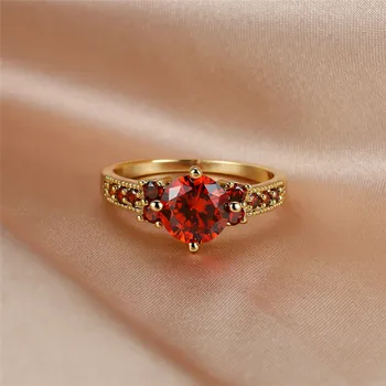 Moterų Prabangus Raudonas Cirkonis Apvalus Akmuo Žiedas Vintage Mados Geltonos Aukso Sužadėtuvių Žiedai Moterims, Vyrams, Vestuviniai Papuošalai Pora Dovana