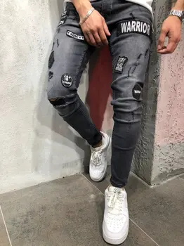 NAUJAS 2019 mados vyrų skylė siuvinėjimo džinsai Hip-hop slim džinsai vyrams
