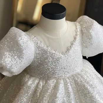 Naujas Blizgančiais Balta Suknelė Mergaitei Krikšto Šalies Kūdikiams, Suknelės Gimtadienio Vakaro Apranga Didelis Lankas Princesė Vestuvių Baby Girl Dress