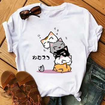 Naujas Mielas Moterų Marškinėliai Funny Cat Spausdinti Moterų marškinėliai Atsitiktinis Trumpas Rankovės O Kaklo Viršūnes Tee Camisetas Mujer Moterų Aprengti