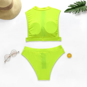 Naujas Neoninė Žalia Aukšto Juosmens Bikini 2020 Moterų maudymosi kostiumėlį Moterų maudymosi Kostiumėliai, Dviejų dalių, Bikini nustatyti Užtrauktukas Bather Sporto Maudymosi Kostiumą Plaukti