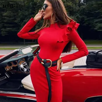 Nemokamas Pristatymas 2020 M. Rudenį Naujų Moterų Raudona Bodycon Megzti Suknelę Vestidos Sexy O-kaklo, ilgomis Rankovėmis Diržo Klubas Įžymybė Šalis Suknelė