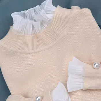 Pavasarį ir rudenį naujų moterų trimitas rankovėmis pearl sagtis nėrinių netikrą dviejų dalių megztinis megztinis 2021