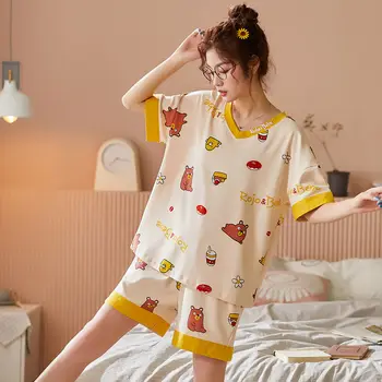 Pižama Moterims Medvilnės trumpomis Rankovėmis Sleepwear Kelnės moteriškos Pižamos Mielas Animacinių filmų Moterų Pižama Homewear Ištaigingas Dėvėti Pijama Rinkinys