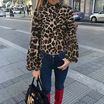 Plius Dydis Mados Viršūnes Celmia Moterų Aukšto Kaklo Žibintų Rankovėmis Palaidinė Ilgomis Rankovėmis, Leopardas Spausdinimui Ponios Marškinėliai Atsitiktinis Blusas Femme