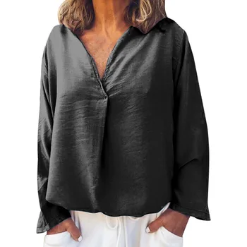 Ponia drabužių OWLPRINCESS 2020 m. Rudenį ilgomis Rankovėmis V-kaklo, Atsitiktinis Palaidų Viršuje vientisos Spalvos marškinėliai