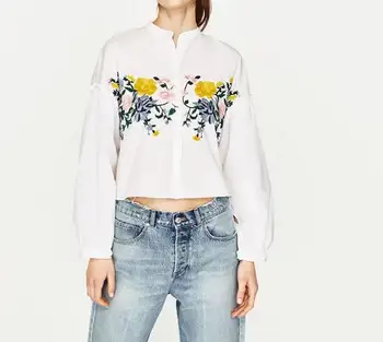Prekės ženklo Dizainas 2017 moterų elegantiškas gėlių siuvinėjimas, marškinėliai palaidinė prekės mažas stovėti apykaklės prarasti viršūnes derliaus mygtuką blusas LS1020