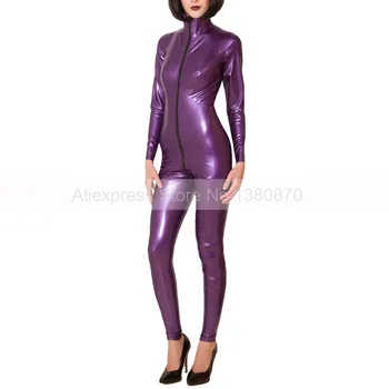 Priekiniai Zip Moterų Latekso Gumos Leotard Catsuit Metalo Violetinė Seksualus Katės kostiumas Jumpsuit Rankų darbo Plus Size Užsakymą S-LC329