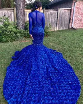 Realios Nuotraukos Royal Blue Undinė Prom Dresses 2020 M. Aukštos Kaklo, Ilgomis Rankovėmis Appliques Žiemos Oficialų Suknelė Vakaro Šalis, Chalatai Moterims