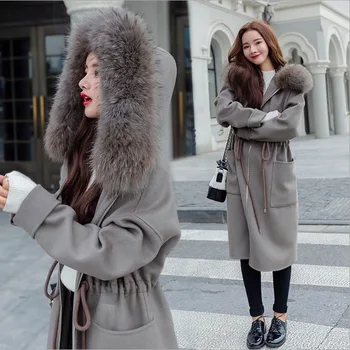 Rebicoo korėjos versija, Nauji Žieminiai ilgi paltai moterims šiltų kašmyro Didelio dydžio elegantiškas moteris Gobtuvu Vilnonis paltas