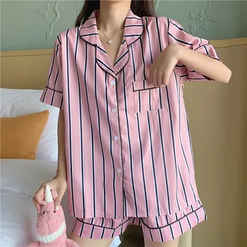 Rožinė mėlyna dryžuota pižama šortai rinkinys moterims sleepwear vasaros namų drabužių dirbtiniais šilko trumpas rankovės marškinėliai 2vnt naktiniai drabužiai Y049