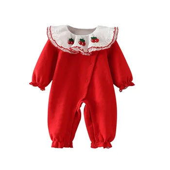 Rudenį Kūdikių Naujagimių Kalėdų Storio Romper Mergaičių Siuvinėjimo ilgomis Rankovėmis Drabužius Medvilnės Vienas Gabalus Baby red Jumpsuit 0-2Y