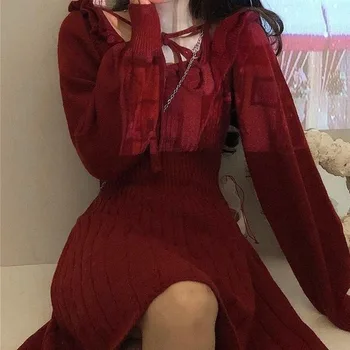 Saldus Megzti Suknelę Moterų Žiemos Elegantiškas Kawaii Mini Suknelė Moterų Japonų Stiliaus Korėjiečių Šalis Suknelė Kalėdų Drabužius Moterims 2021