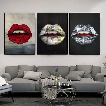 Seksualus raudonas lūpas ir spalvinga lūpų meno aliejaus tapybos drobė, aliejus, tapyba, plakatų ir grafikos namų miegamojo sienų apdaila