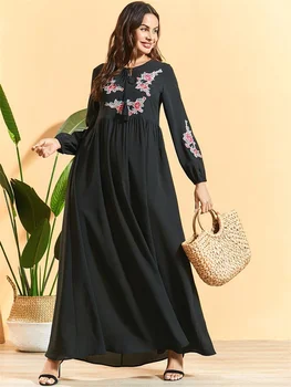 Siskakia Maxi Suknelė Juodos Spalvos Elegantiškas Gėlių Siuvinėjimas Kutas Raišteliu Ilgomis Rankovėmis Suknelės Prarasti Imperijos Sūpynės Arabų Drabužius Rudenį