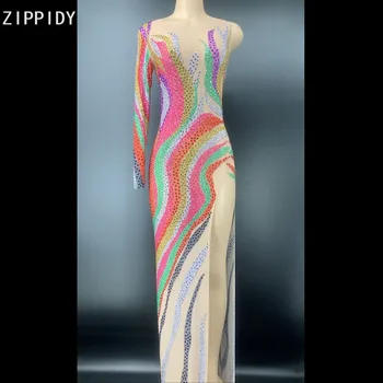 Sparkly Multi-color Cirkonio Ilga Suknelė Gimtadienio Švęsti Vienos Rankovės Permatomos Suknelė Moterims Šokėja Suknelės YOUDU