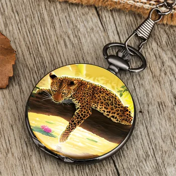 Spausdinti Gyvūnų Leopard Antikvariniai Kišenėje Žiūrėti Kvarco Judėjimas, Pakabukas Fob Grandinės Retro Kišeninis Laikrodis Arabiškais Skaitmenimis Ekranas Perjungiklis
