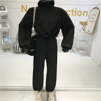 Sportinis kostiumas Moterims Rudens / žiemos 2020 Naujas apvalios kaklo Žibintų Rankovės Raišteliu trumpas megztinis Plonas atsitiktinis kelnės Dviejų dalių kostiumas