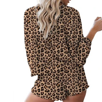 Vasarą Moterys, Moterų Ponios Namuose Dėvėti Minkštas Long Sleeve Top Šortai Leopardas Spausdinti Pižama Nustatyti Sleepwear naktiniai drabužiai 2VNT Apranga