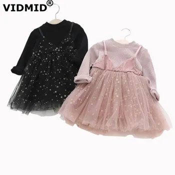 VIDMID pavasario kūdikių mergaičių medvilnės Suknelės mergaitėms nėrinių Rožinė Princesė šalies Mergaičių, vaikai žvaigždės ilgomis rankovėmis vaikams apsirengti 7109 01