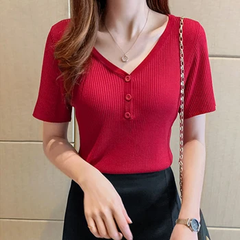 Vintage Marškinėliai Moterims Vasaros Shirt V-kaklo Mygtuką Megzti Pagrindines Marškinėlius vientisos spalvos Juoda Balta Raudona Ponios Viršų Atsitiktinis Trumpas rankovės