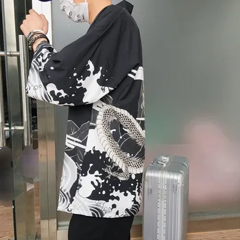 Vyrai Harajuku Japonų Kimono Stiliaus Atsitiktinis Striukės Streetwear Kinų Drakonas Spausdinti Striukė Kailis Vasarą Plona Suknelė Vyrų 2018 M. Rudenį