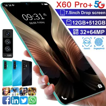 X60 PRO 7.5 Colių 128/256 GB Face ID 10 Core 5800mAh Andriod mobiliojo Telefono Ekrane Drop 32+64MP Dual SIM+Micro SD Kortelė Išmaniųjų Telefonų