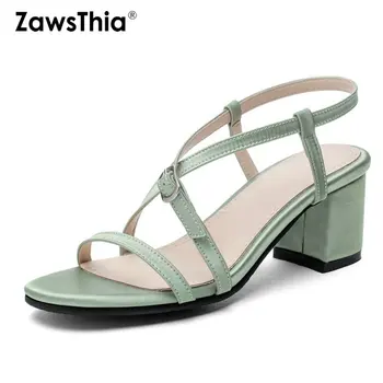 ZawsThia 2020 metų vasaros žalia oranžinė atidaryti tne kryžiaus dirželis tvarstis seksuali moteris kvadratinių aukštakulnius moteris vestuvių batai ponios sandalai