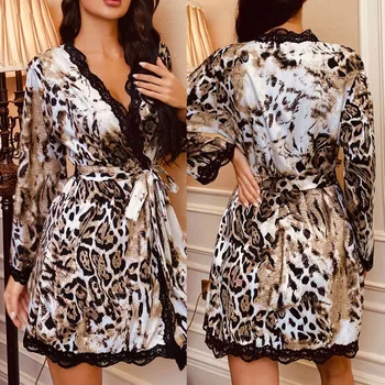 Šilko Nėriniai Leopard Chalatas, Pižama Nightdress apatinis Trikotažas Moterims, apatinis trikotažas Sleepwear Leopardas Spausdinti pajama peignoir satino femme minkštas T5