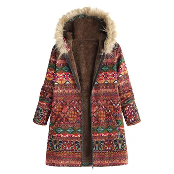 žiemos moteris kailio Moteriški Žieminiai Šiltas Outwear Retro geometrijos Spausdinti Gobtuvu Kišenės Derliaus Negabaritinių Paltai moteriškas paltas