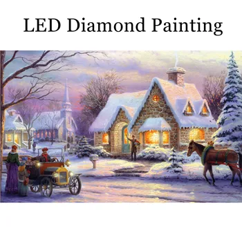 Žiemą Namas LED Diamond Tapyba Visiškai Apvalios Deimantai Su Rėmu Nemokamas Pristatymas Namų Dekoro Kalėdų Dovana Apdailos LED3002
