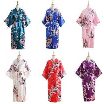 15Color Moterų Japonų Stiliaus Kimono Yukata Miego Dėvėti Povas Satino Plonas Ilgas Pižamą Rūbeliai Tradicinės Suaugusiųjų Laisvus Drabužius